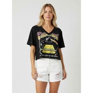 Pink Floyd Dark Side of the Moon Mineral Wash V-Neck Crop Top Size Large Black